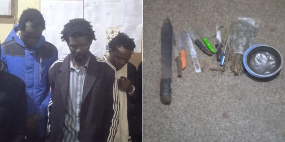 A collage of arrested suspects and crude weapons.